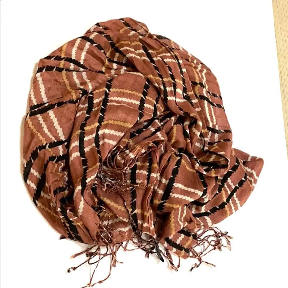 Pure cotton scarf wrap shawl dark rose cream & black plaid fringed unisex